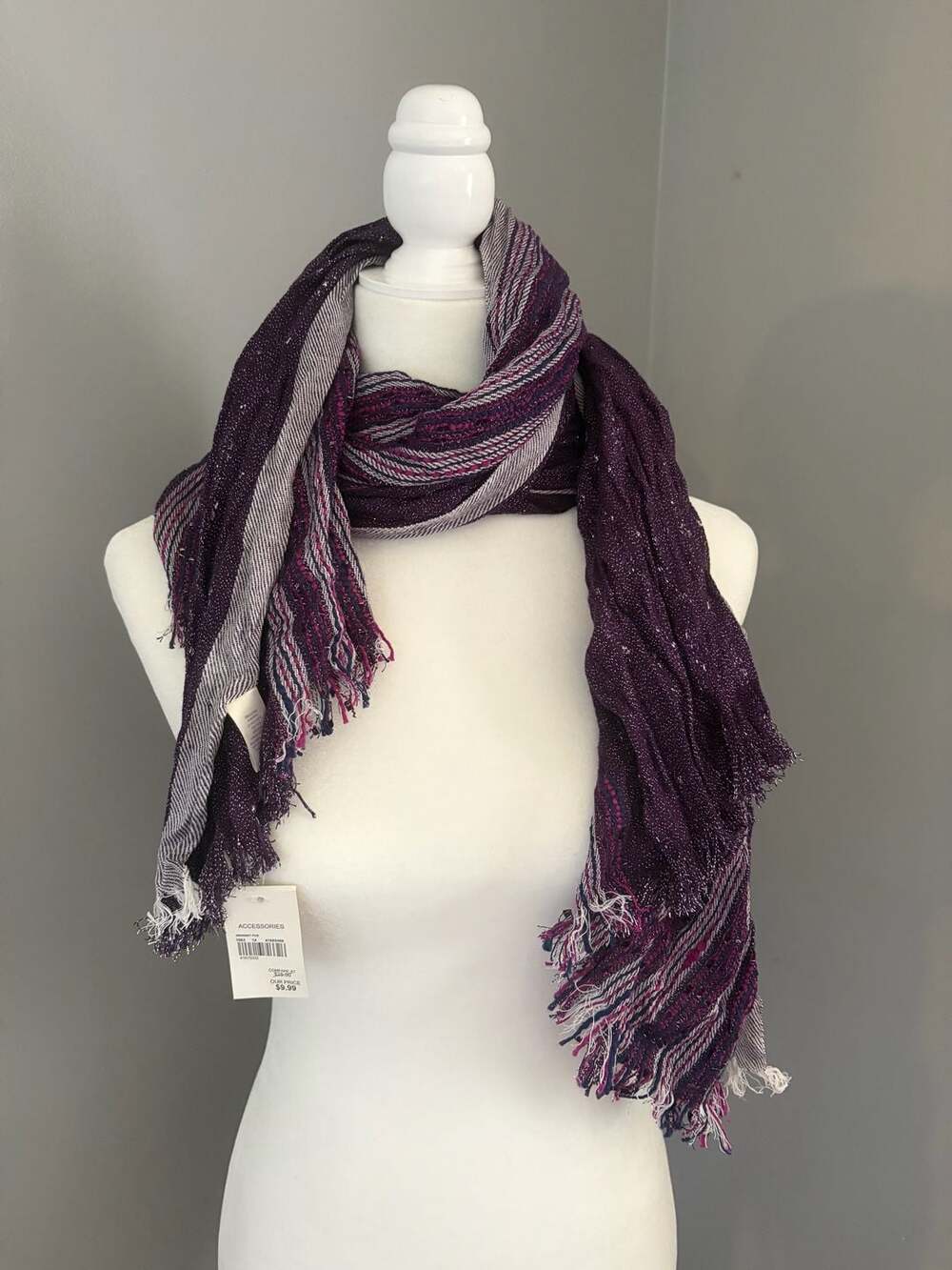 Cato Fringed Scarf with Metallic Thread, Purple and Gray Striped